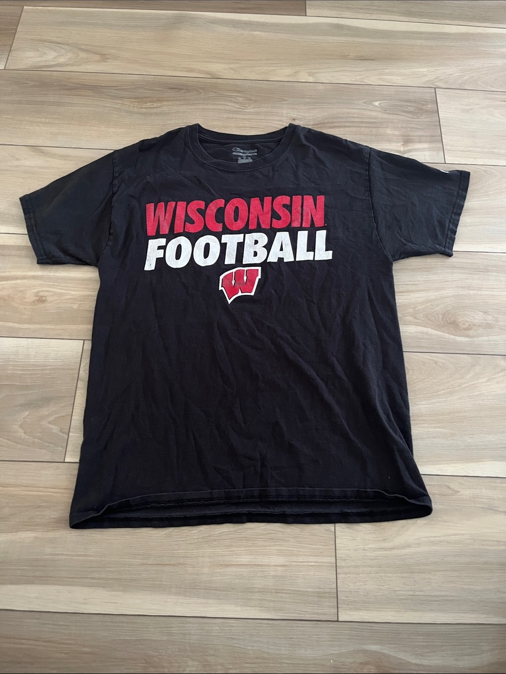 Champion Black Wisconsin Football Short-Sleeve Tee with Red & White Logo